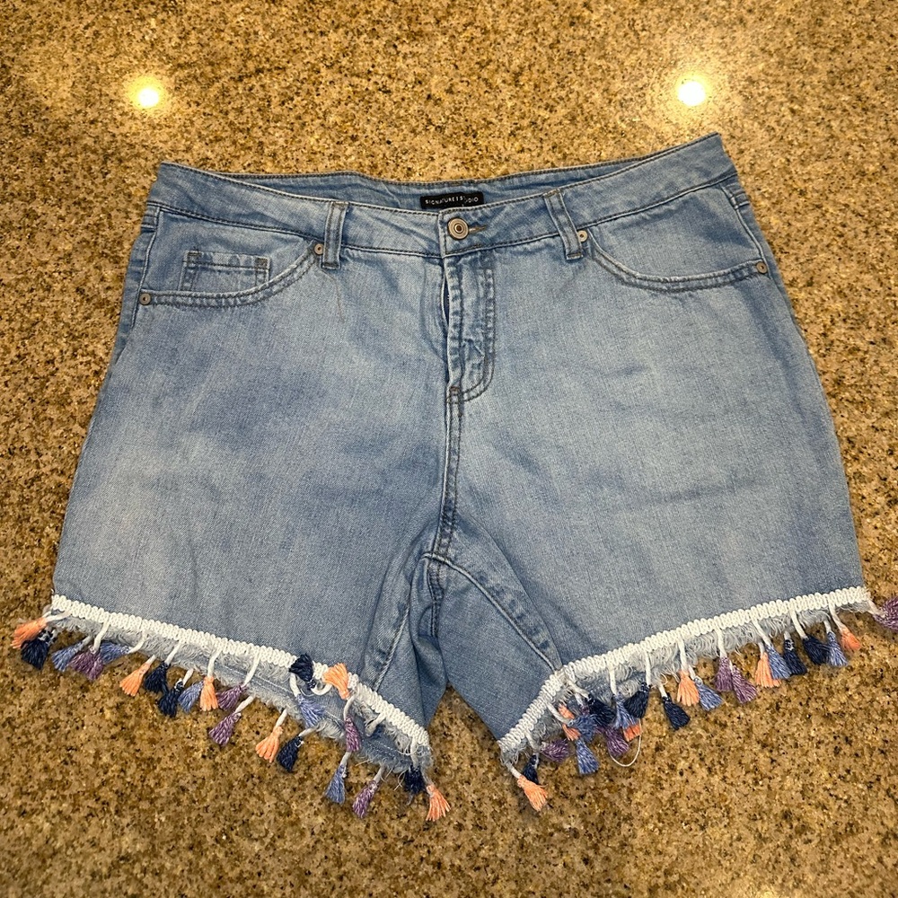 Signature Studio Light Blue Jean Shorts with Colorful Fringe